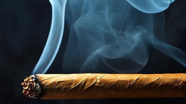 Close-up of a lit cigar burning with smoke. A plume of white smoke swirls against a dark background. Luxury lifestyle and unhealthy habit concept