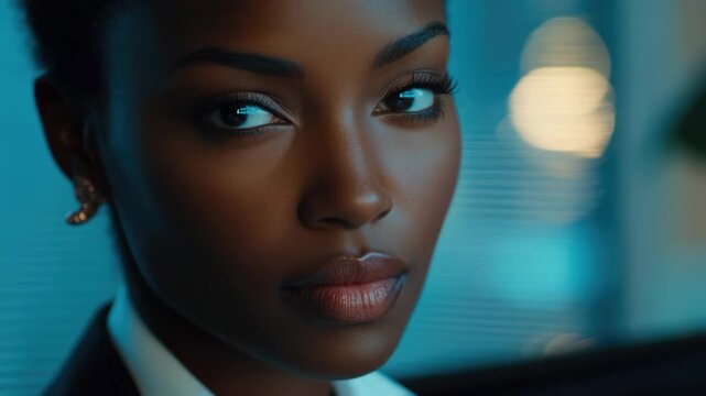 Portrait of woman with dark complexion, wearing business attire and earrings.