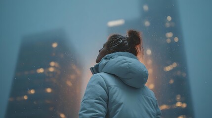 Woman in blue winter jacket looking up at illuminated skyscrapers in foggy evening cityscape. Urban exploration concept.