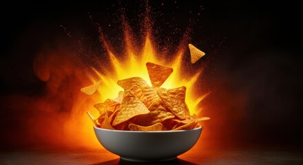 Bowl of tortilla chips surrounded by blazing flames for bold dining vibe