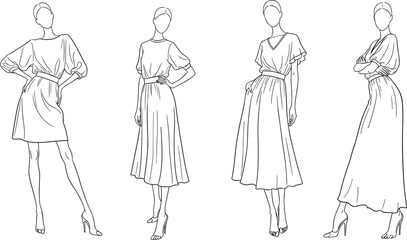 Fashion sketch set with female figures, dress styles, puffed sleeves, V-neck, long gown, black white, flat vector