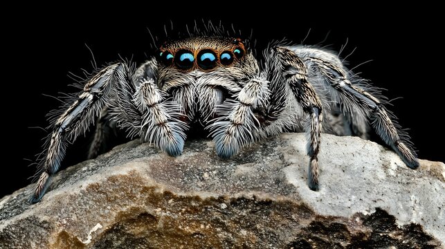 Macro view of jumping spider with distinctive blue eyes and hairy legs perched on rock against black background, showcasing detailed arachnid anatomy.