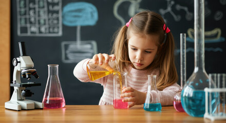 Woman conducts science experiment with colorful liquids in a school lab