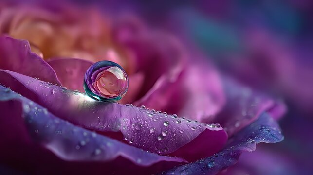 Macro water droplet on pink rose petal reflecting flower, with purple and teal bokeh background creating dreamy atmosphere. - Powered by Adobe