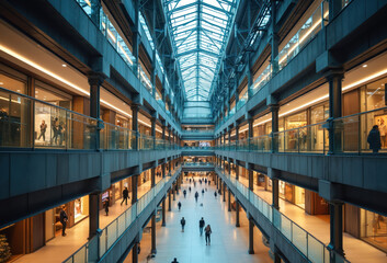 Multi level modern shopping mall with shops stores. People walk at retail center in China. Architectural concept with geometric details in shop complex. Modern architecture inside luxury mall.