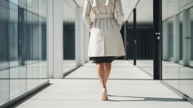 Rear view business woman in beige trench coat walking along modern office glass corridor