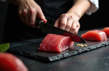 Chef cuts fresh raw tuna steak for sushi preparation on dark slate board. Preparing Japanese seafood meal in kitchen. Healthy fish portion for sashimi.
