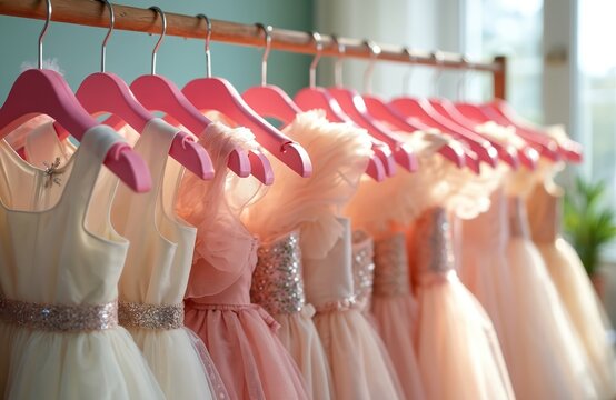 Lineup of little girl dresses on pink hangers in showroom. Pastel colored frocks with sequins and tulle for special events. Childrens party wear collection displayed for rent or purchase.