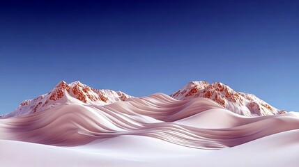 A surreal landscape featuring undulating, smooth, white dunes in the foreground, leading to rugged, snow-capped mountains with hints of orange rock, all under a