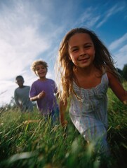 Two Children Playing in Grass on Sunny Day