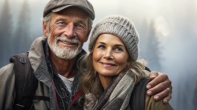 Happy senior couple smiling outdoors. Active mature man and woman hiking in nature. Healthy retirement lifestyle and travel concept