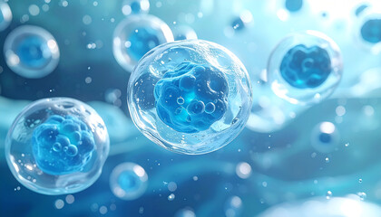 Microscopic cells floating in a blue liquid, biological science background