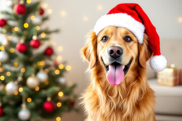 Golden Retriever Dog Wearing Santa Hat by Christmas Tree. Holiday Pet Portrait with Festive Decorations and Bokeh Lights.