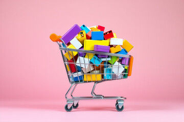 Shopping Cart Filled with Colorful Toy Blocks on Pink Background | Toy Shopping, Childhood, Playtime, Kids Toys, Bright Colors