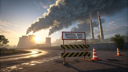 Ultra realistic environmental industrial scene showing symbolic pollution clouds, hazard indicators, atmospheric lighting, and chemical safety awareness elements.
