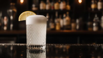 Cocktail with a lemon slice, foamy top, and diamond patterned glass on a dark bar