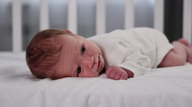 A newborn in a bodysuit against a white background. The toddler is learning to hold his head up. A human being is crawling for the first time. The baby is exploring the world in his crib