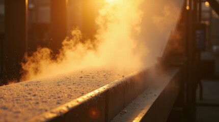 Conveyor belt wheat flour dust explosion risk illuminated beams golden haze machinery 