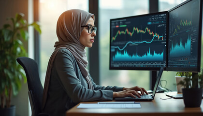 Woman in hijab works on laptop. Screens show stock charts. She analyzes data. Female trader types on keyboard. Digital financial analytics in modern office with plants.