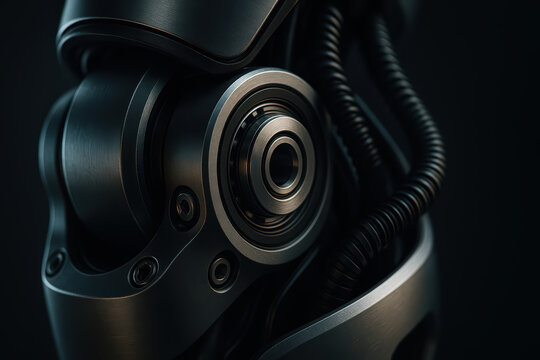 Robotic actuator close up with metallic parts and coiled cables, showcasing mechanical engineering and industrial design in dark setting with detailed textures and lighting