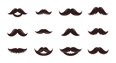 A collection of various black mustache designs displayed in a grid arrangement