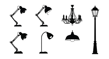 Variety of lighting fixtures in black silhouettes lamps chandeliers and streetlights