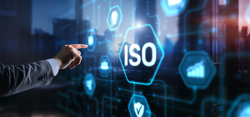 ISO Standard certification standardisation quality control concept on virtual screen