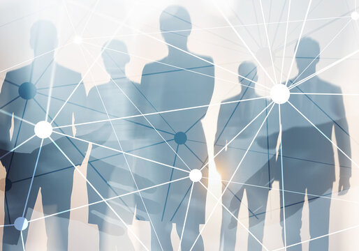 Digital network and data connection with business people silhouettes. Technology innovation communication - Powered by Adobe