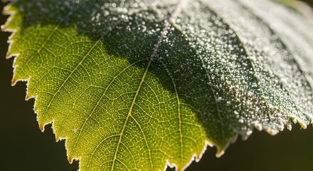 Bright green leaf covered with sparkling ice crystals and beautiful visible veins