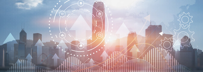 Business process automation concept. Gears and icons on abstract city background