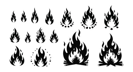 Collection of black silhouette flame designs for various creative projects
