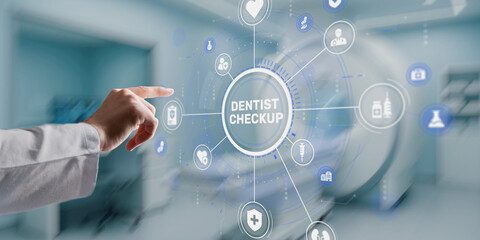 Hand pressing the DENTIST CHECKUP button on a screen in a modern medical office