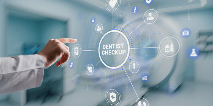 Hand pressing the DENTIST CHECKUP button on a screen in a modern medical office