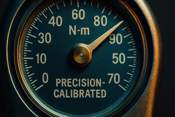 Precision calibrated torque wrench dial close up showing measurement in newton meter with metallic needle pointing at 85, detailed mechanical tool for accurate tightening