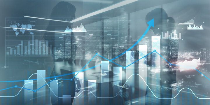Business intelligence. Diagram, Graph, Stock Trading, Investment dashboard arrows