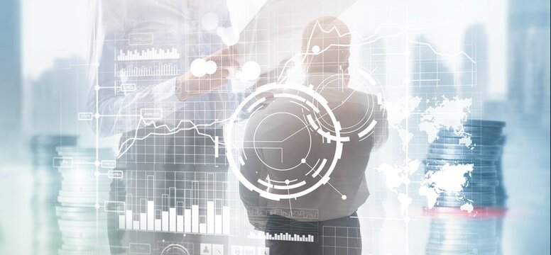 Business intelligence control interface marketing finance management. Silhouettes in the background