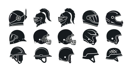 A collection of historical and modern headgear depicted in black silhouettes