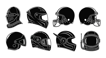 A collection of historical and modern headgear depicted in black silhouettes