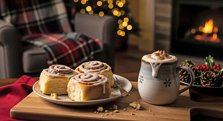 Cinnamon rolls and hot cocoa in cozy holiday setting