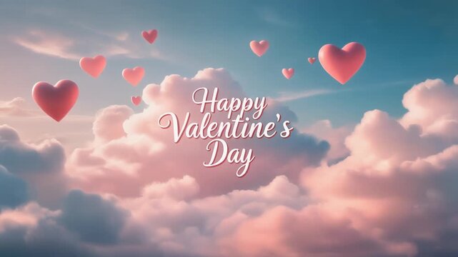 Happy Valentine's Day Sky with Floating Hearts and Clouds for Romantic Holiday