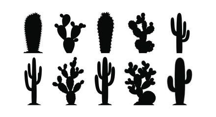 Silhouettes of various desert cacti presented in a minimalist black and white style