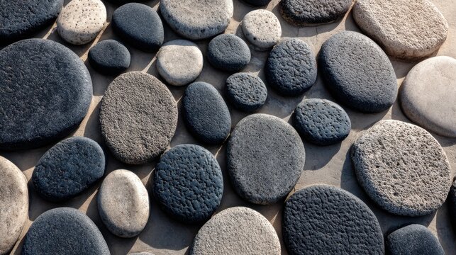 Smooth and Textured Pebbles on a Surface Showcasing Nature's Craftsmanship in Earthy Tones with Varied Shapes and Sizes Ideal for Scenic Backgrounds - Powered by Adobe