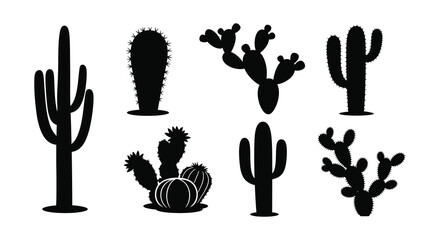 Silhouettes of various desert cacti presented in a minimalist black and white style