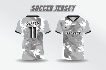Soccer jersey design with abstract grey and white pattern, front and back view