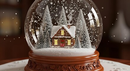 Snow globe winter scene with cabin and pine trees in white snow