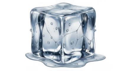 Refreshing clear ice cube melting slowly with visible cracks
