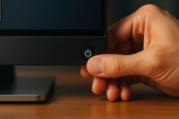 Power button close up hand pressing power button computer monitor technology device wooden desk surface human hand interaction electronic equipment modern design digital screen user interface
