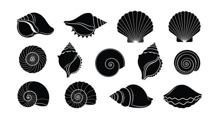 Collection of black silhouette seashells arranged in a grid pattern