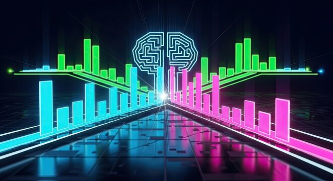 Futuristic AI brain with neon data charts for modern technology or business presentations illustrating data analysis and neural network performance
