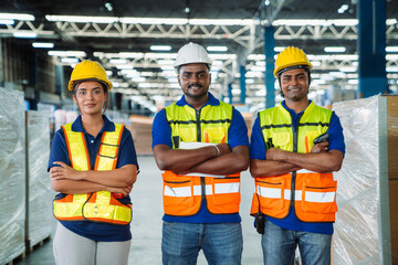 Diverse workfoce team black men,woman factory worker wear safety helmet, safety vest use tablet for...